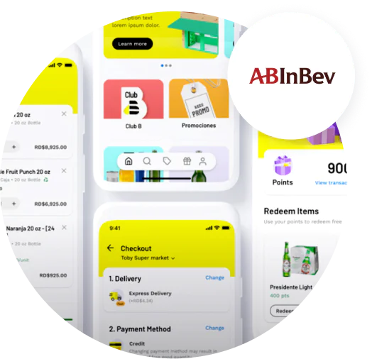 Mobile app screens showcasing delivery and payment options with AB InBev logo. Mobile app screens showcasing delivery and payment options with AB InBev logo.